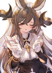 1girl animal_ears asymmetrical_hair blush breasts brown_hair closed_eyes detached_sleeves extra_ears frilled_sleeves frills galleon_(granblue_fantasy) gloves granblue_fantasy highres horns large_breasts long_hair mugen_kageno multicolored_hair parted_lips pointy_ears solo streaked_hair umapyoi_densetsu very_long_hair white_gloves