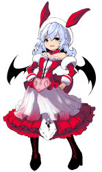 Rule 34 | 1girl, :d, akure ekuto, alternate costume, bat wings, black footwear, blue eyes, boots, cross-laced footwear, detached collar, detached sleeves, fang, full body, hands on own hips, heart, highres, open mouth, remilia scarlet, short hair, simple background, smile, solo, standing, touhou, white background, white headwear, wings