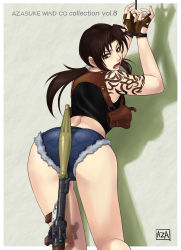 Rule 34 | 1girl, ass, azasuke, back, bdsm, bent over, black lagoon, bondage, bound, bound wrists, brown eyes, brown hair, denim, denim shorts, female focus, fingerless gloves, from behind, gloves, highres, holster, long hair, looking back, open mouth, revy (black lagoon), rocket launcher, rope, rpg (weapon), short shorts, shorts, solo, standing, tank top, tattoo, weapon