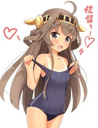 Rule 34 | 10s, 1girl, aged down, ahoge, aikawa ryou, blue one-piece swimsuit, brown eyes, brown hair, covered navel, cowboy shot, double bun, hair bun, hairband, headgear, highres, kantai collection, kongou (kancolle), long hair, one-piece swimsuit, one-piece tan, school swimsuit, simple background, solo, swimsuit, tan, tanline, white background