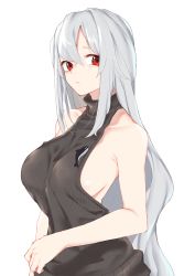 Rule 34 | 1girl, arknights, bare arms, bare shoulders, black sweater, breasts, commentary, dated commentary, hair between eyes, highres, inniyik, large breasts, long hair, looking at viewer, meme attire, red eyes, ribbed sweater, sideboob, silver hair, skadi (arknights), sleeveless, sleeveless turtleneck, solo, sweater, turtleneck, upper body, virgin killer sweater, white background