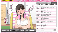 Rule 34 | 1girl, bare arms, blush, breasts, brown eyes, brown hair, chair, covered erect nipples, crossed arms, danmaku comments, earrings, female focus, head tilt, headphones, headphones around neck, highres, indoors, japanese text, jewelry, large breasts, light blush, livestream, long hair, looking at viewer, low ponytail, microphone, open mouth, original, ponytail, sidelocks, sitting, sleeveless, smile, solo, speech bubble, striped, striped towel, towel, translation request, upper body, ushio (tanatana)