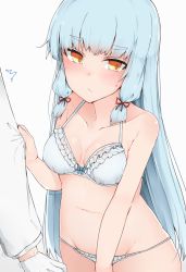 Rule 34 | 10s, 1boy, 1girl, :/, admiral (kancolle), bare shoulders, blue bow, blue hair, blunt bangs, blush, bow, bow bra, bra, breasts, cleavage, closed mouth, clothes grab, cole (coleltu), collarbone, expressionless, eyebrows, frilled bra, frilled panties, frills, gloves, hair ribbon, kantai collection, long hair, looking away, motion lines, murakumo (kancolle), navel, orange eyes, panties, red ribbon, ribbon, simple background, sleeve grab, solo focus, standing, stomach, sweatdrop, thick eyebrows, trembling, underwear, underwear only, very long hair, white background, white bra, white gloves, white hair, white panties