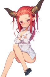 Rule 34 | 1girl, absurdres, alexstrasza, black footwear, blush, breasts, cleavage, closed mouth, collared shirt, commentary, crossed arms, demon horns, foot out of frame, forehead, highres, horns, long hair, long sleeves, medium breasts, mokew, nose blush, pointy ears, red eyes, red hair, shirt, shoe soles, shoes, sitting, solo, warcraft, wavy mouth, white shirt, world of warcraft