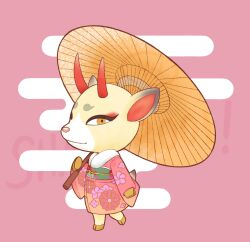 Rule 34 | 1girl, animal crossing, closed mouth, commentary request, deer girl, egasumi, eyeshadow, floral print, fur-trimmed kimono, fur trim, furry, furry female, gradient kimono, hand up, highres, holding, holding umbrella, horns, japanese clothes, kimono, long sleeves, looking at viewer, makeup, nintendo, obi, obijime, oil-paper umbrella, orange eyes, orange umbrella, pink background, pink kimono, print kimono, print sash, red eyeshadow, red horns, red sash, sash, sharkbooi, shino (animal crossing), simple background, smile, solo, umbrella, wide sleeves