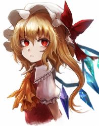 Rule 34 | 1girl, ascot, blonde hair, crystal, expressionless, flandre scarlet, hat, hat ribbon, highres, looking at viewer, maho moco, mob cap, portrait, puffy sleeves, red eyes, ribbon, shirt, short sleeves, side ponytail, simple background, solo, touhou, vest, white background, wings