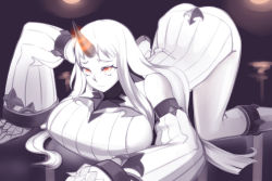 Rule 34 | 10s, 1girl, abyssal ship, all fours, breasts, detached sleeves, dress, horns, huge breasts, kadan (ad1999), kantai collection, long hair, pale skin, red eyes, ribbed dress, ribbed sweater, seaport princess, short dress, sideboob, single horn, solo, sweater, sweater dress, top-down bottom-up, white hair
