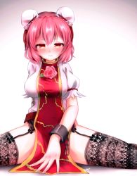Rule 34 | 1girl, arm behind back, bandaged arm, bandages, between legs, black thighhighs, blush, breasts, bun cover, chain, closed mouth, commentary request, feet out of frame, fingernails, full-face blush, garter belt, garter straps, gradient background, grey background, hand between legs, highres, ibaraki kasen, large breasts, lips, looking at viewer, medium hair, no pants, pink hair, puffy short sleeves, puffy sleeves, red eyes, shirt, short eyebrows, short sleeves, shy, solo, split, spread legs, tabard, tayutai (user xruy3332), thighhighs, thighs, touhou, white background, white shirt, wrist cuffs