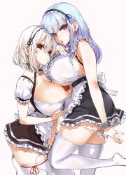 Rule 34 | 2girls, anchor choker, apron, asanagi, azur lane, bare shoulders, black hairband, blush, breasts, candy, chocolate, chocolate heart, choker, cleavage, clothes pull, clothing cutout, collarbone, commentary request, dido (azur lane), dress, dress pull, earrings, food, frilled choker, frills, hair between eyes, hairband, head tilt, heart, heart earrings, highres, huge breasts, jewelry, lace-trimmed hairband, lace trim, long hair, looking at viewer, multiple girls, open mouth, panties, panty pull, parted lips, pink eyes, puffy short sleeves, puffy sleeves, pulled by self, red eyes, short hair, short sleeves, side-tie panties, simple background, sirius (azur lane), skindentation, sleeveless, sleeveless dress, standing, thick thighs, thighhighs, thighs, underboob, underboob cutout, underwear, untied panties, waist apron, white apron, white background, white hair, white legwear