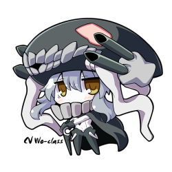 Rule 34 | 10s, 1girl, abyssal ship, bodysuit, cape, chibi, grafity7, kantai collection, long hair, looking at viewer, monster, no mouth, own hands clasped, own hands together, personification, silver hair, solo, staff, take tonbo, wo-class aircraft carrier