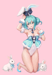 Rule 34 | 1girl, animal, animal ears, aqua eyes, arm up, bare shoulders, bicute bunnies miku, blue footwear, blue ribbon, breasts, cleavage, commentary, covered navel, detached collar, double bun, english commentary, fishnet pantyhose, fishnets, fur collar, fur trim, hair between eyes, hair bun, hand up, hatsune miku, high heels, highleg, highleg leotard, highres, kneeling, leotard, light green hair, looking at viewer, medium breasts, open mouth, pantyhose, pink background, pom pom (clothes), rabbit, rabbit ears, rabbit tail, ribbon, scrunchie, shoes, short hair, sidelocks, simple background, solo, strapless, strapless leotard, tail, teeth, tied ears, upper teeth only, vocaloid, white leotard, wrist cuffs, wrist scrunchie, y.i. (lave2217)