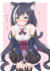 Rule 34 | 1girl, animal ear fluff, animal ears, bare shoulders, black hair, blush, breasts, brooch, cat ears, cat girl, cat tail, detached sleeves, dress, green eyes, highres, ichio, jewelry, karyl (princess connect!), leaning forward, long hair, looking at viewer, low twintails, medium breasts, multicolored hair, open mouth, pink background, princess connect!, sleeveless, sleeveless dress, solo, streaked hair, tail, thighhighs, thighs, translation request, twintails, white hair