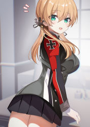 Rule 34 | 1girl, absurdres, black skirt, blonde hair, blush, cowboy shot, fathom, gloves, green eyes, hair between eyes, highres, kantai collection, long hair, long sleeves, looking at viewer, low twintails, military, military uniform, no headwear, open mouth, pleated skirt, prinz eugen (kancolle), skirt, smile, solo, twintails, uniform, white gloves