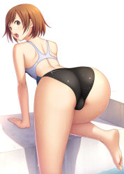 Rule 34 | 1girl, ass, back, brown hair, competition swimsuit, copyright request, highres, kuri (kurigohan), one-piece swimsuit, open mouth, shiny clothes, short hair, simple background, solo, swimsuit, trefoil, wet