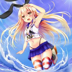 Rule 34 | 10s, 1girl, :d, anchor hair ornament, armpits, bare arms, bare shoulders, black panties, black ribbon, blonde hair, blush, crop top, floating hair, groin, hair between eyes, hair ornament, hair ribbon, highleg, highleg panties, kantai collection, long hair, looking at viewer, miniskirt, navel, ocean, open mouth, panties, revision, ribbon, rimu (kingyo origin), sailor collar, shimakaze (kancolle), skirt, sleeveless, smile, solo, stomach, striped clothes, striped thighhighs, thighhighs, underwear, very long hair, yellow eyes