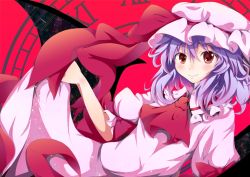 Rule 34 | 1girl, ascot, bat wings, brown eyes, clothes lift, dress, dress lift, female focus, hat, hat ribbon, kan lee, aged up, purple hair, remilia scarlet, ribbon, smile, solo, touhou, wings