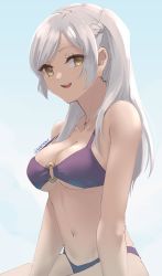 Rule 34 | 1girl, absurdres, arm support, bikini, blush, breasts, cleavage, fire emblem, fire emblem awakening, fire emblem heroes, grey background, highres, jewelry, long hair, looking at viewer, medium breasts, navel, necklace, nintendo, o-ring, o-ring bikini, open mouth, purple bikini, purple vest, robin (female) (fire emblem), robin (fire emblem), silver hair, skeptycally, smile, solo, strap gap, swimsuit, twitter username, vest, yellow eyes