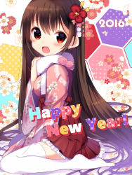 Rule 34 | 1girl, 2016, :d, blush, brown hair, commentary request, earrings, floral background, floral print, flower, from side, fur collar, hair between eyes, hair flower, hair ornament, hakama, hakama short skirt, hakama skirt, halftone, happy new year, hexagon, ikari (aor3507), japanese clothes, jewelry, kimono, long hair, long sleeves, looking at viewer, looking to the side, nengajou, new year, no shoes, open mouth, original, pink kimono, polka dot, print kimono, red eyes, short kimono, sitting, skirt, smile, solo, thighhighs, very long hair, wariza, white thighhighs, wide sleeves