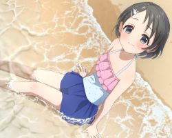 Rule 34 | 1girl, arm support, beach, black eyes, black hair, blue one-piece swimsuit, blue skirt, blush, child, commentary request, day, dot nose, flat chest, frills, from above, hair ornament, hairclip, highres, idolmaster, idolmaster cinderella girls, legs, looking at viewer, looking up, megabee e, on floor, one-piece swimsuit, outdoors, partially submerged, polka dot, polka dot swimsuit, rabbit hair ornament, sasaki chie, short hair, sitting, skirt, smile, solo, swimsuit, swimsuit skirt, thighs, water