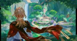 Rule 34 | 1boy, absurdres, blonde hair, building, cape, cliff, cloud, commentary, day, english commentary, facing away, feather hair ornament, feathers, forest, fountain, from behind, genshin impact, hair ornament, highres, in-universe location, kaveh (genshin impact), light rays, long hair, long sleeves, male focus, mountain, nature, niluhong, outdoors, red cape, scenery, shirt, solo, tree, water, waterfall, white shirt, x hair ornament