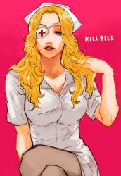 Rule 34 | 1girl, blonde hair, blue eyes, breasts, cleavage, crossed legs, elle driver, eyepatch, hair over shoulder, hand in own hair, hat, highres, kill bill, large breasts, long hair, looking to the side, ma2 ereki, nurse, nurse cap, pantyhose, parted bangs, parted lips, pink background, shirt, short sleeves, solo, upper body, wavy hair, white shirt