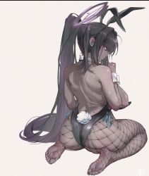 Rule 34 | 1girl, agaver123, animal ears, ass, black hair, black leotard, blue archive, breasts, closed mouth, dark-skinned female, dark skin, detached collar, earrings, facing away, feet, fishnet pantyhose, fishnets, full body, high ponytail, highleg, highleg leotard, highres, huge breasts, jewelry, karin (blue archive), karin (bunny) (blue archive), kneeling, leotard, long hair, looking at viewer, looking back, mole, mole on back, nipples, official alternate costume, pantyhose, playboy bunny, rabbit ears, rabbit tail, ribbon, shiny skin, sideboob, simple background, skindentation, solo, strapless, strapless leotard, tail, thighs, very long hair, white background, wide hips, wrist cuffs, yellow eyes