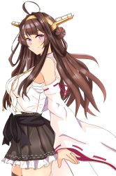 Rule 34 | 1girl, ahoge, black skirt, brown hair, commentary request, cowboy shot, detached sleeves, double bun, hair bun, hairband, hakama, hakama short skirt, hakama skirt, headgear, highres, japanese clothes, kantai collection, kongou (kancolle), long hair, looking at viewer, nitamako (sakamalh), purple eyes, ribbon-trimmed sleeves, ribbon trim, simple background, skirt, smile, solo, white background