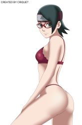 Rule 34 | 1girl, ass, bare legs, black eyes, black hair, boruto: naruto next generations, breasts, colored skin, criquet, glasses, highres, looking at viewer, medium breasts, naruto, naruto (series), short hair, simple background, solo, thong, uchiha sarada, white skin