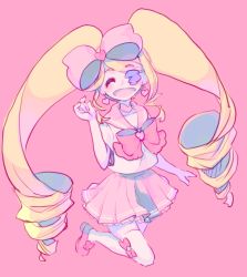 Rule 34 | 10s, 1girl, alternate costume, big hair, blonde hair, bow, drill hair, earrings, eyepatch, closed eyes, hair bow, harime nui, jewelry, kill la kill, long hair, milliebell, open mouth, pink background, pink bow, ribbon, school uniform, serafuku, skirt, smile, solo, thighhighs, twin drills, twintails