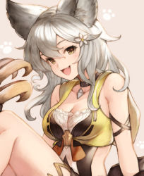 Rule 34 | 1girl, :d, animal ears, bad id, bad pixiv id, bare shoulders, black choker, breasts, brown eyes, choker, claws, cleavage, collarbone, commentary request, erune, fang, flower, granblue fantasy, hair between eyes, hair flower, hair ornament, highres, hood, hood down, hooded jacket, jacket, knee up, koretsuki azuma, long hair, looking at viewer, medium breasts, open mouth, sen (granblue fantasy), silver hair, smile, solo, thighs, upper body, white flower, yellow jacket