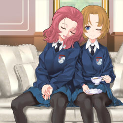 Rule 34 | 2girls, black necktie, black pantyhose, blue eyes, blue skirt, blue sweater, closed eyes, closed mouth, commentary request, couch, cup, dress shirt, emblem, girls und panzer, highres, holding, holding cup, holding saucer, indoors, inou takashi, leaning on person, long sleeves, looking at viewer, medium hair, miniskirt, multiple girls, necktie, on couch, one eye closed, open mouth, orange pekoe (girls und panzer), pantyhose, pleated skirt, red hair, rosehip (girls und panzer), saucer, school uniform, shirt, short hair, sitting, skirt, smile, st. gloriana&#039;s (emblem), st. gloriana&#039;s school uniform, sweater, tea, v-neck, v arms, white shirt, wing collar