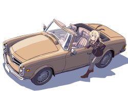 Rule 34 | 1girl, alternate costume, black jacket, blonde hair, blush, boots, brown footwear, brown gloves, car, closed mouth, gloves, hairband, hand on own hip, highres, jacket, kantai collection, kisei mt, long hair, long sleeves, looking at viewer, motor vehicle, pants, scarf, shimakaze (kancolle), simple background, solo, standing, striped clothes, striped scarf, vehicle focus, vehicle request, white background