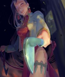 Rule 34 | 1girl, absurdres, black hair, black lagoon, china dress, chinese clothes, dress, evil grin, evil smile, grin, highres, knife, kukri, long hair, looking at viewer, sheng biao (weapon), shenhua, smile, solo, throwing knife, weapon