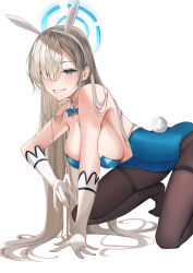 Rule 34 | 1girl, absurdres, animal ears, asuna (blue archive), asuna (bunny) (blue archive), bare shoulders, black pantyhose, blonde hair, blue archive, blue bow, blue bowtie, blue eyes, blue halo, blue leotard, bow, bowtie, breasts, commentary request, detached collar, elbow gloves, fake animal ears, fake tail, gloves, grin, hair over one eye, halo, highres, kittf, kneeling, large breasts, leotard, long hair, looking at viewer, no shoes, official alternate costume, pantyhose, rabbit ears, rabbit tail, simple background, smile, solo, strapless, strapless leotard, tail, thighband pantyhose, traditional bowtie, white background, white gloves