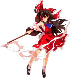 Rule 34 | 1girl, alphes, armpits, ascot, bad hands, bow, brown eyes, brown hair, detached sleeves, female focus, full body, game cg, gohei, hair bow, hair ornament, hair tubes, hakurei reimu, holding, hopeless masquerade, long hair, looking at viewer, mary janes, official art, sarashi, shoes, skirt, skirt set, socks, solo, touhou, transparent background, wide sleeves