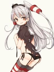 Rule 34 | 10s, 1girl, amatsukaze (kancolle), ass, bad id, bad twitter id, black panties, blush, brown eyes, covering breasts, covering privates, dress, garter belt, garter straps, hair ornament, kantai collection, long hair, open mouth, panties, red thighhighs, sailor dress, school uniform, serafuku, short dress, side-tie panties, silver hair, simple background, solo, striped clothes, striped thighhighs, thighhighs, torn clothes, torn dress, two side up, underwear, white background, yue teitoku
