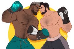 Rule 34 | 2boys, abs, aqua shorts, arm hair, armpit hair, armpit peek, bara, beard, ben (timdoodle), black shorts, blue eyes, boxing gloves, chest hair, commission, danny (felixnosi), eye contact, eyebrow cut, facial hair, forehead-to-forehead, from side, grey hair, hairy, heads together, highres, large pectorals, looking at another, male focus, mature male, multicolored hair, multiple boys, muscular, muscular male, navel, navel hair, nipple piercing, nipples, original, pectorals, piercing, short hair, shorts, sideburns, smirk, stomach, thick eyebrows, tim (shockjaws), topless male, two-tone hair, wrestling, wrestling outfit