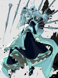 Rule 34 | 1girl, apron, black nails, bloody marie (skullgirls), bone, brooch, dotcube, dress, energy, frilled apron, frilled dress, frills, full body, glowing, glowing eyes, grey background, grey hair, hair ornament, highres, jewelry, maid headdress, mary janes, pantyhose, red eyes, shoes, skull hair ornament, skullgirls, solo, twintails