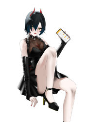 Rule 34 | 1girl, absurdres, alternate costume, azur lane, black dress, black footwear, black gloves, black hair, blush, breasts, cellphone, dress, elbow gloves, fishnet dress, foot out of frame, gloves, high heels, highres, holding, holding phone, horns, legs, looking at viewer, medium breasts, mianbaoren, nail polish, open mouth, partially fingerless gloves, phone, red nails, short hair, sitting, smartphone, solo, thighs, ulrich von hutten (azur lane), white background, yellow eyes
