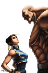 Rule 34 | 1boy, 1girl, abs, bracelet, capcom, chinese clothes, chinese text, chun-li, costume, height difference, jewelry, muscular, noodles, omar dogan, sagat, signature, size difference, spiked bracelet, spikes, street fighter, topless male, udon, udon entertainment, white background