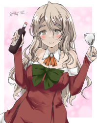 Rule 34 | 1girl, alternate costume, bottle, bridal gauntlets, brown eyes, contrapposto, cosplay, dress, fur-trimmed dress, fur trim, gakky, grey hair, holding, kantai collection, looking at viewer, one-hour drawing challenge, pola (kancolle), red dress, simple background, solo, standing, suzuya (kancolle), suzuya (kancolle) (cosplay), thick eyebrows, wavy hair, white background, wine bottle
