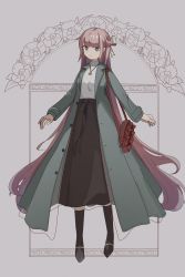 Rule 34 | 1girl, absurdres, aqua coat, aqua eyes, boots, brown skirt, carcano m1891 (girls&#039; frontline), closed mouth, coat, floral background, full body, girls&#039; frontline, hair ribbon, highres, jewelry, katyopunch, long hair, long skirt, looking at viewer, necklace, open clothes, open coat, pink hair, ribbon, shirt, skirt, smile, solo, standing, very long hair, white shirt