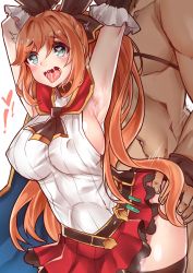 Rule 34 | 10s, 1boy, 1girl, armpits, arms up, ascot, bare shoulders, belt, black bow, black gloves, black thighhighs, blue eyes, blush, bow, breasts, clarisse (granblue fantasy), clothed female nude male, clothed sex, covered erect nipples, dark skin, drooling, elbow gloves, eyebrows, gloves, granblue fantasy, hair bow, heart, heart-shaped pupils, hetero, large breasts, long hair, navel, nude, orange hair, osiimi, ponytail, red skirt, ribbed sweater, sailor collar, saliva, sex, sideboob, skirt, sleeveless, solo focus, standing, sweater, sweater vest, symbol-shaped pupils, test tube, thighhighs, tongue, tongue out, very long hair