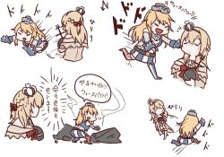 Rule 34 | 10s, 2girls, asymmetrical legwear, betchan, blonde hair, boulder, braid, chibi, comic, commentary request, crown, dodging, closed eyes, female focus, flat color, french braid, from behind, gloves, iowa (kancolle), kantai collection, long hair, mini crown, mismatched legwear, multiple girls, sweat, translation request, uneven legwear, warspite (kancolle), white background