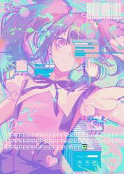 Rule 34 | 1girl, ame-chan (needy girl overdose), berryverrine, commentary request, cursor, glitch, heart, highres, limited palette, looking at viewer, neck ribbon, needy girl overdose, neon palette, parted lips, ribbon, short sleeves, skirt, solo, splatter, suspender skirt, suspenders, twintails, upper body, window (computing)