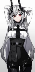 Rule 34 | 1girl, absurdres, arknights, arms behind head, arms up, belt, black choker, black necktie, black pants, breasts, buckle, choker, closed eyes, closed mouth, collared shirt, cowboy shot, expressionless, eyes visible through hair, gradient background, grey background, grey hair, hair between eyes, hair ornament, high-waist pants, highres, horns, long hair, long sleeves, looking at viewer, medium breasts, mudrock (arknights), necktie, pants, pointy ears, red eyes, shirt, solo, thigh belt, thigh gap, thigh strap, touko (toko12 tooko), very long hair, white background, white shirt, wide hips