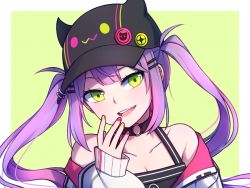 1girl, :d, bangs, bare shoulders, baseball cap, black choker, black headwear, choker, collarbone, commentary, ear piercing, english commentary, fang, green background, green eyes, hair ornament, hairclip, hand to own mouth, hat, head tilt, hololive, horned headwear, long hair, long sleeves, looking at viewer, multicolored, multicolored nails, nail polish, o-ring, o-ring choker, off-shoulder jacket, open mouth, piercing, pink nails, portrait, purple hair, simple background, sleeves past wrists, smile, solo, speckticuls, tokoyami towa, twintails, virtual youtuber, yellow nails