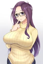 Rule 34 | 1girl, absurdres, arm under breasts, bangs pinned back, black-framed eyewear, breasts, commentary request, finger to cheek, glasses, highres, index finger raised, kagamihara sakura, large breasts, long hair, masegohan, open mouth, purple eyes, purple hair, ribbed sweater, sidelocks, sweater, turtleneck, turtleneck sweater, yellow sweater, yurucamp