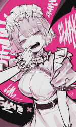 1girl dress ellen_joe finger_in_own_mouth fins fish_tail highres looking_at_viewer maid_headdress mole mole_under_eye monochrome open_mouth pink_eyes puffy_short_sleeves puffy_sleeves shark_tail sharp_teeth short_hair short_sleeves simple_background solo tail teeth upper_body vialle wrist_cuffs zenless_zone_zero