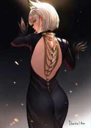 Rule 34 | 1girl, absurdres, ambience synesthesia, animal ear fluff, animal ears, arknights, ass, backless dress, backless outfit, black dress, cat ears, claw ring, commentary, cowboy shot, dankashu, dress, english commentary, extra ears, from behind, green eyes, green hair, highres, jewelry, kal&#039;tsit (arknights), looking at viewer, looking back, medium hair, multiple rings, official alternate costume, ring, sideways glance, solo